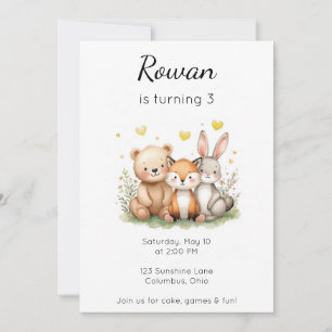 Woodland Animals Birthday Bear Fox Bunny Neutral Invitation