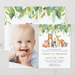 Woodland Animals Birthday Forest Greenery Photo Invitation