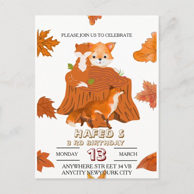 Woodland Animals Birthday Invitation: Fall Forest  Postcard (Front)