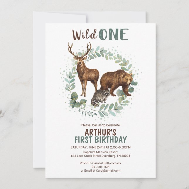 Woodland Animals Birthday Invitation, Wild One Announcement (Front)