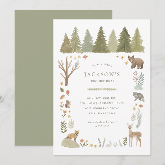 Woodland Animals Birthday Party Invitation (Front/Back)