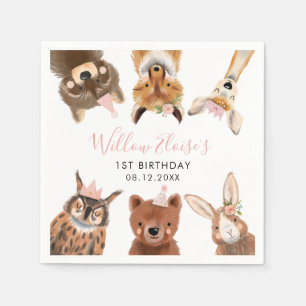 Woodland Animals Birthday Party Pink Napkin