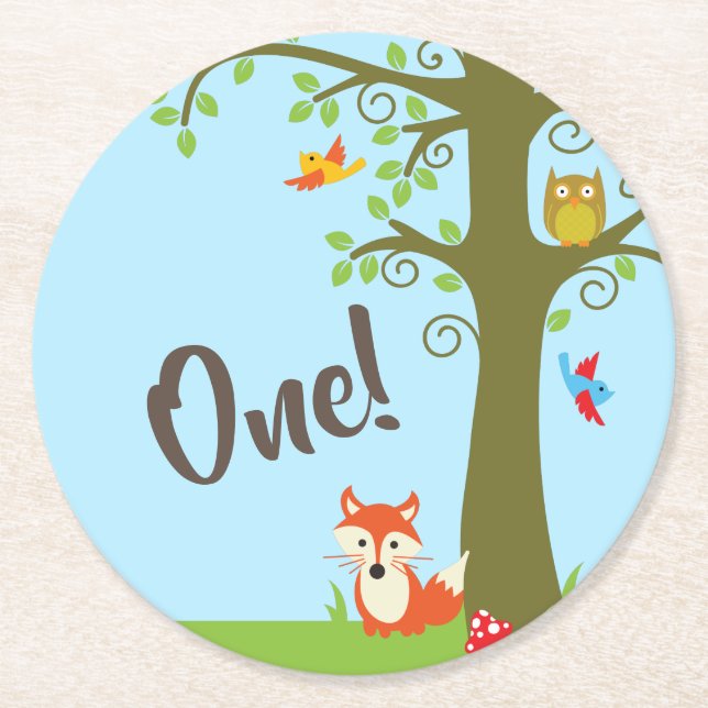 Woodland Animals Birthday Party Round Paper Coaster (Front)