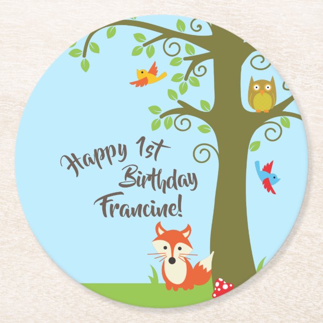 Woodland Animals Birthday Party Round Paper Coaster (Front)