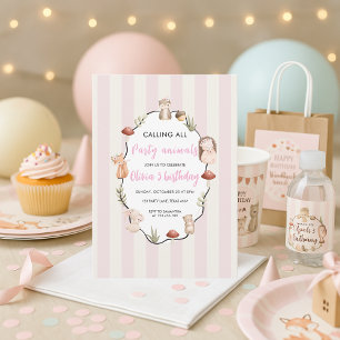 Woodland Animals Birthday Pink Stripes Girl Invitation