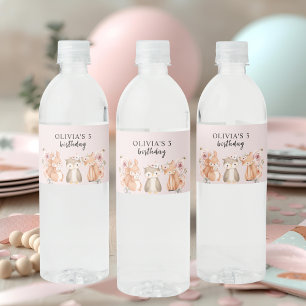 Woodland Animals Birthday Pink Water Bottle Label