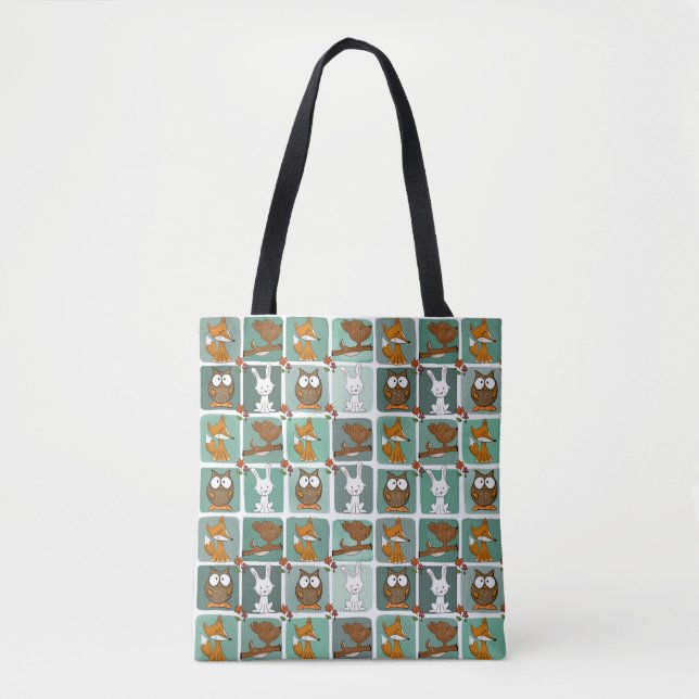 Woodland Animals Block Pattern Tote Bag (Front)
