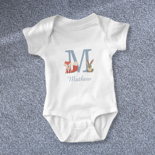 Woodland Animals Blue Baby Boy Initial Monogram Bodysuit
