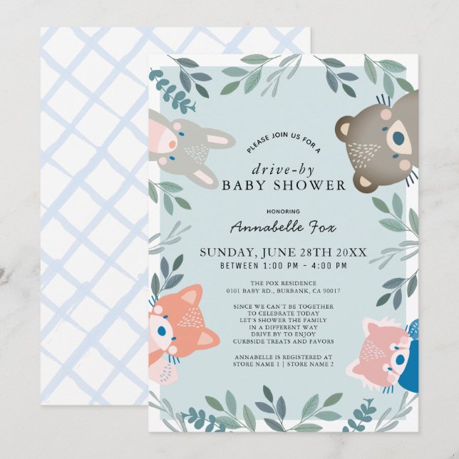 Woodland Animals Blue Boy Drive-by Baby Shower Invitation (Front/Back)