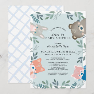 Woodland Animals Blue Boy Drive-by Baby Shower Invitation