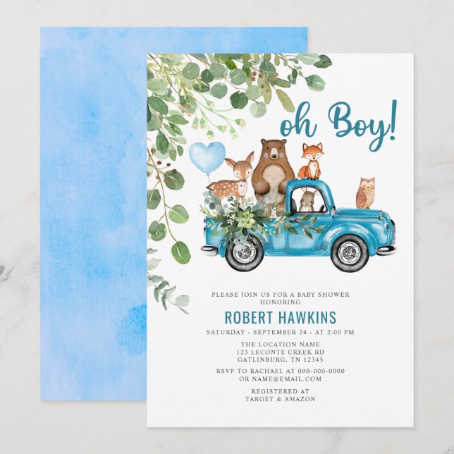 Woodland Animals Blue Truck Baby Shower Invitation (Front/Back)