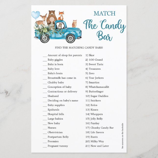 Woodland Animals Blue Truck Match The Candy Bar (Front)