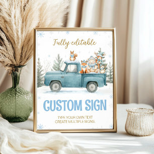Woodland Animals Blue Winter Birthday Custom Sign