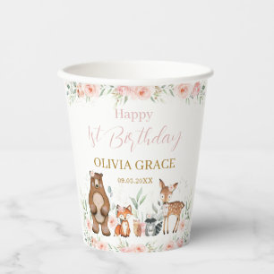 Woodland Animals Blush Floral 1st 2nd 3rd Birthday Paper Cups