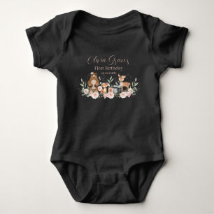 Woodland Animals Blush Floral 1st Birthday Outfit Baby Bodysuit