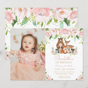 Woodland Animals Blush Floral 1st Birthday Photo Invitation