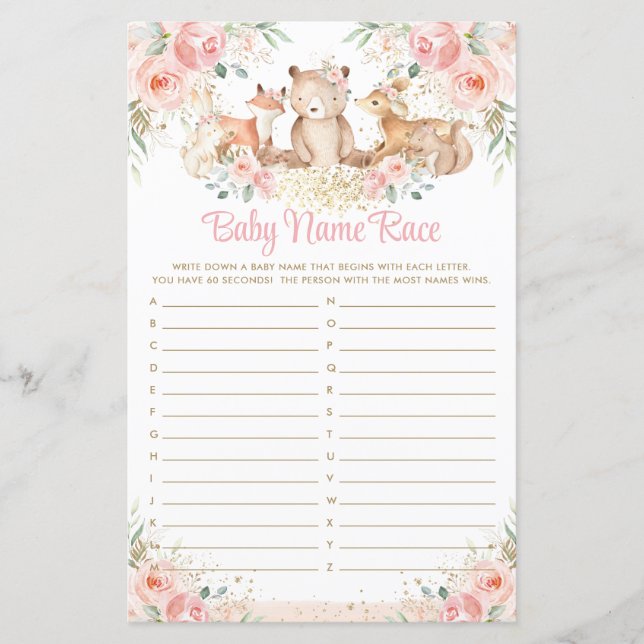 Woodland Animals Blush Floral Baby Name Race Game (Front)