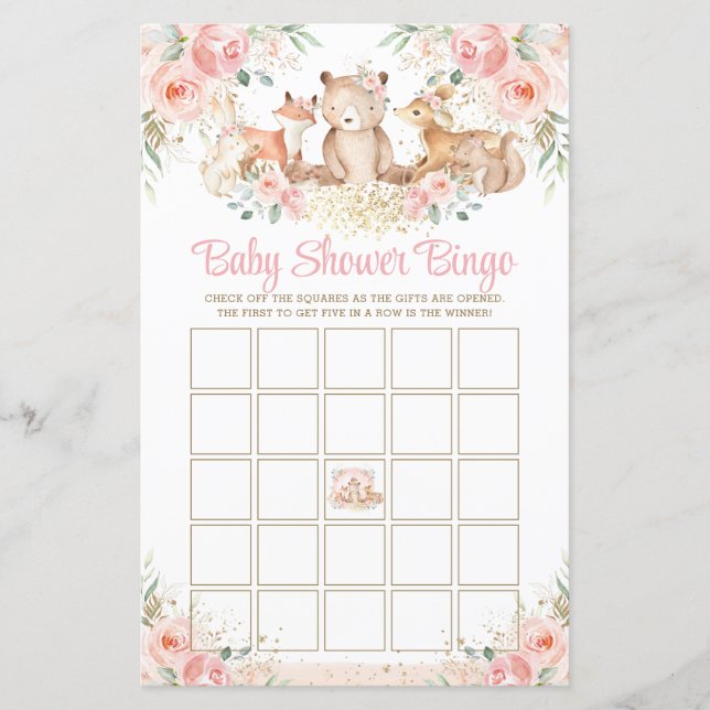 Woodland Animals Blush Floral Baby Shower Bingo  (Front)