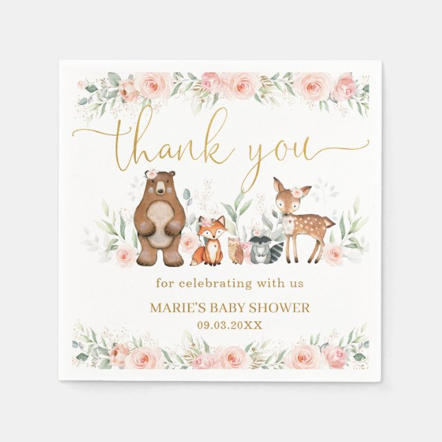 Woodland Animals Blush Floral Baby Shower Birthday Napkin (Front)