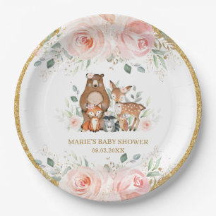 Woodland Animals Blush Floral Baby Shower Birthday Paper Plate
