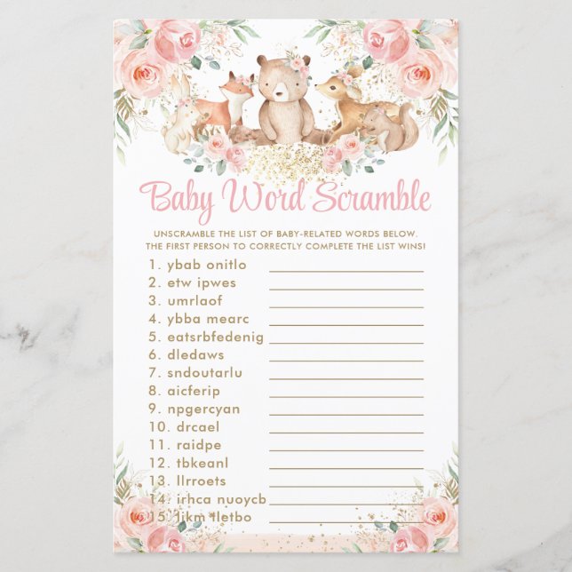 Woodland Animals Blush Floral Baby Word Scramble (Front)