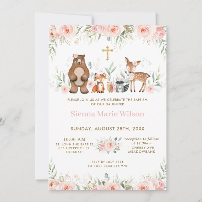 Woodland Animals Blush Floral Baptism Christening  Invitation (Front)