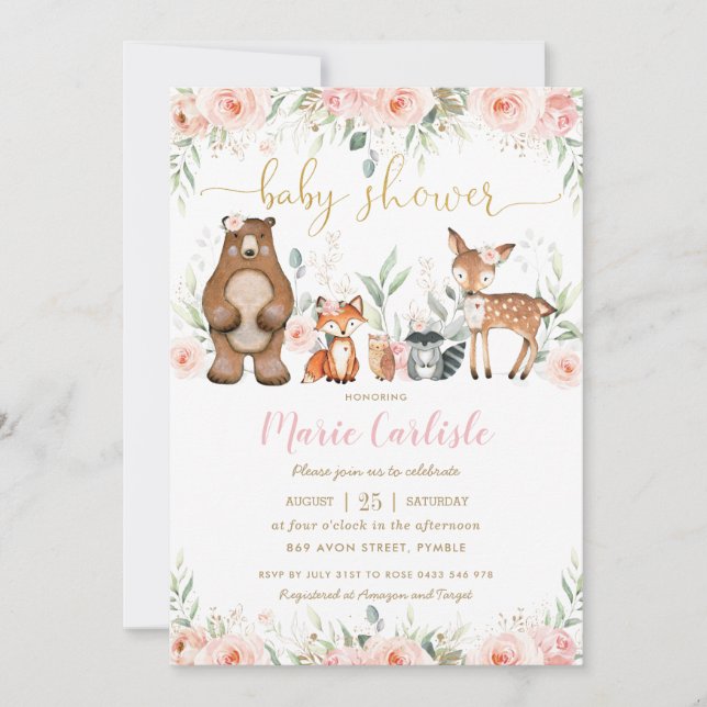 Woodland Animals Blush Floral Girl Baby Shower Invitation (Front)