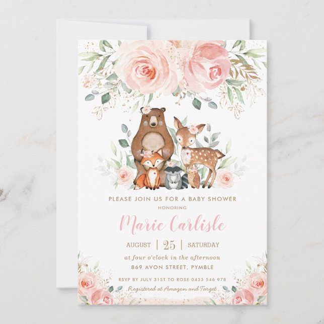Woodland Animals Blush Floral Girl Baby Shower Invitation (Front)