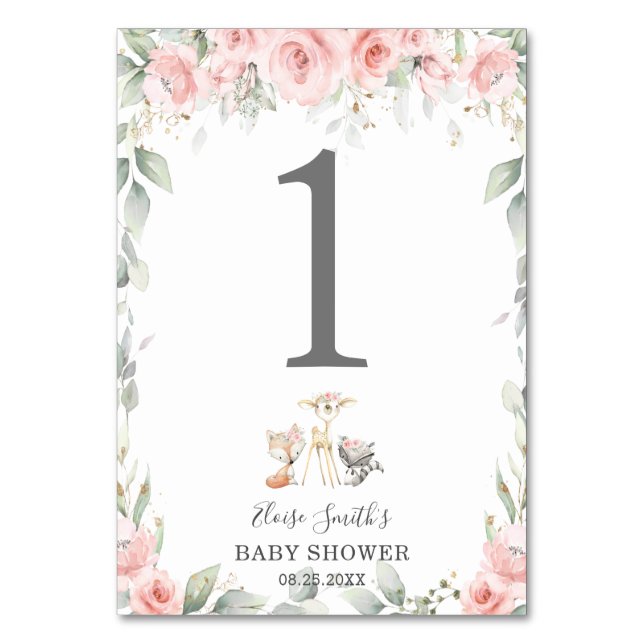 Woodland Animals Blush Floral Greenery Baby Shower Table Number (Front)