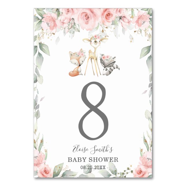 Woodland Animals Blush Floral Greenery Baby Shower Table Number (Front)