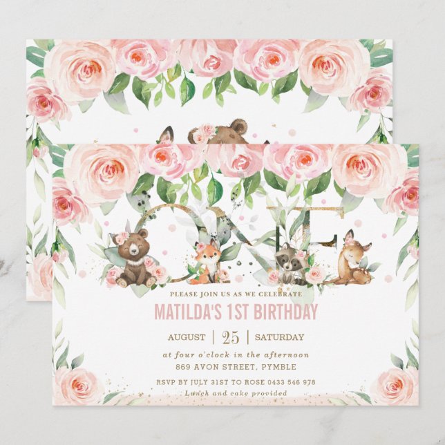 Woodland Animals Blush Floral One 1st Birthday Invitation (Front/Back)