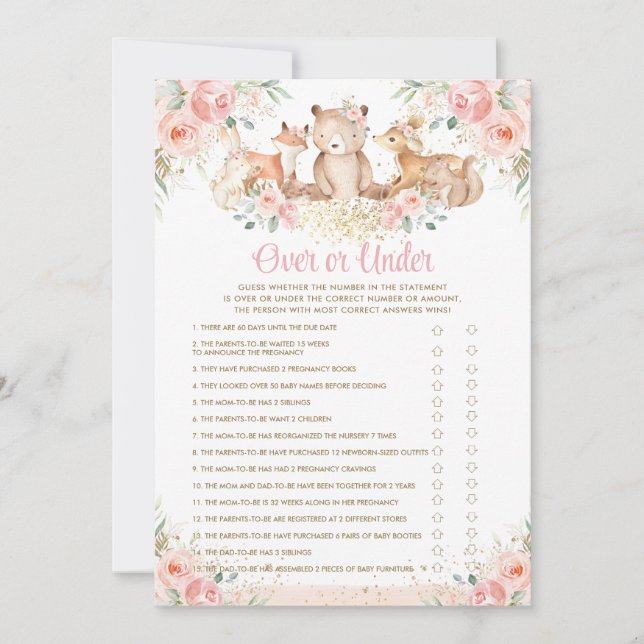 Woodland Animals Blush Floral Over or Under Game Invitation (Front)