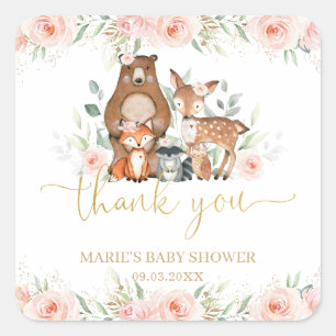 Woodland Animals Blush Floral Thank You Favour Square Sticker