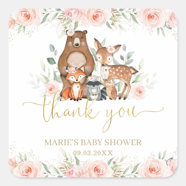 Woodland Animals Blush Floral Thank You Favour   Square Sticker (Front)