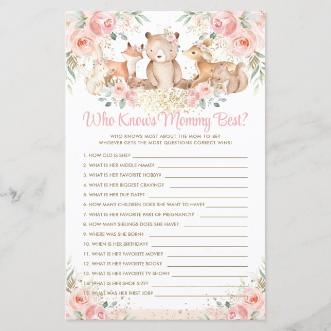 Woodland Animals Blush Floral Who Knows Mummy Best (Front)