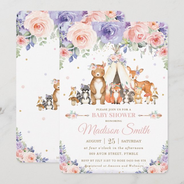 Woodland Animals Blush Lilac Floral Baby Shower Invitation (Front/Back)