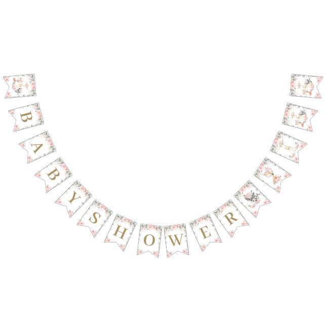 Woodland Animals Blush Pink Floral Baby Shower Bunting (All)