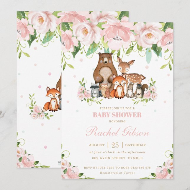 Woodland Animals Blush Pink Floral Baby Shower Invitation (Front/Back)