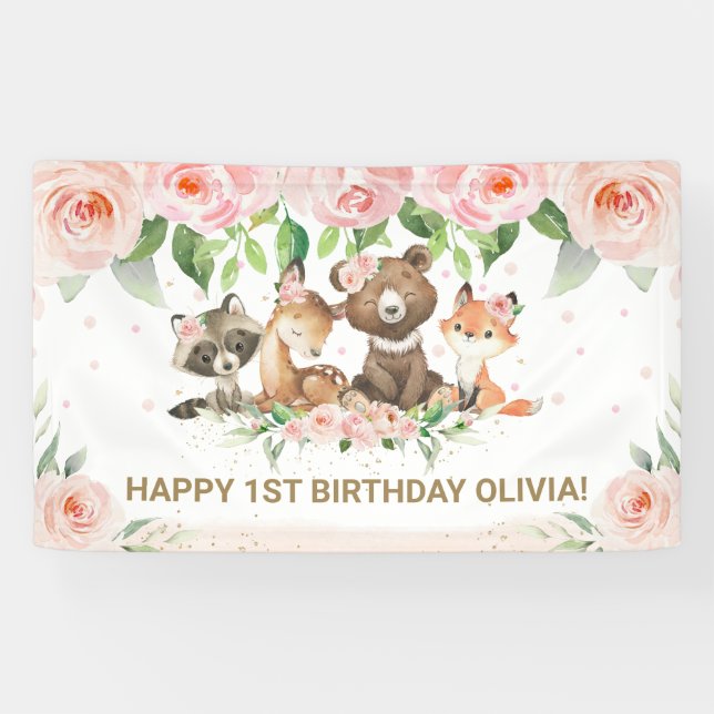Woodland Animals Blush Pink Floral Backdrop Banner (Horizontal)