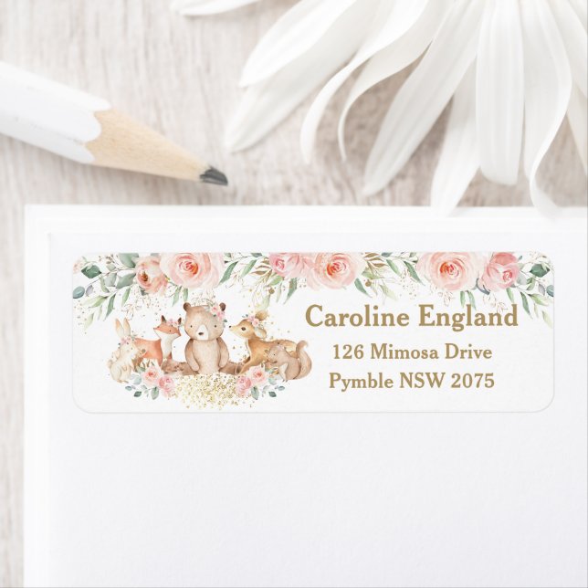 Woodland Animals Blush Pink Floral Return Address  (Insitu)