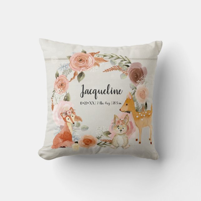 Woodland Animals Blush Pink Floral Watercolor Girl Cushion (Front)