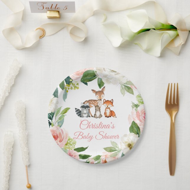 Woodland Animals & Blush Pink Flowers Baby Shower Paper Plate (Wedding)