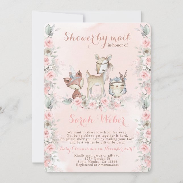 Woodland Animals blush pink shower by mail girl Invitation (Front)