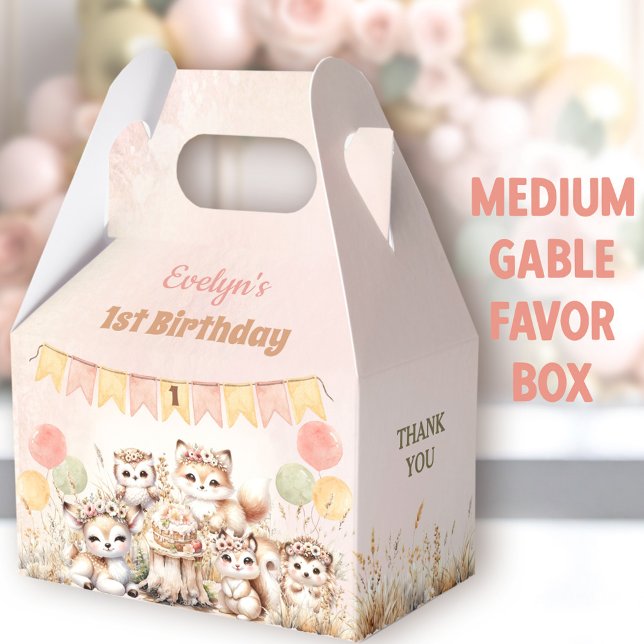 Woodland Animals Boho Girl 1st Birthday Medium Favour Box (Woodland Animals Medium Gable Favor Boxes - You can choose from 3 sizes of these gable favor boxes)
