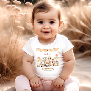 Woodland Animals Boho Name Girl 1st Birthday  Baby T-Shirt