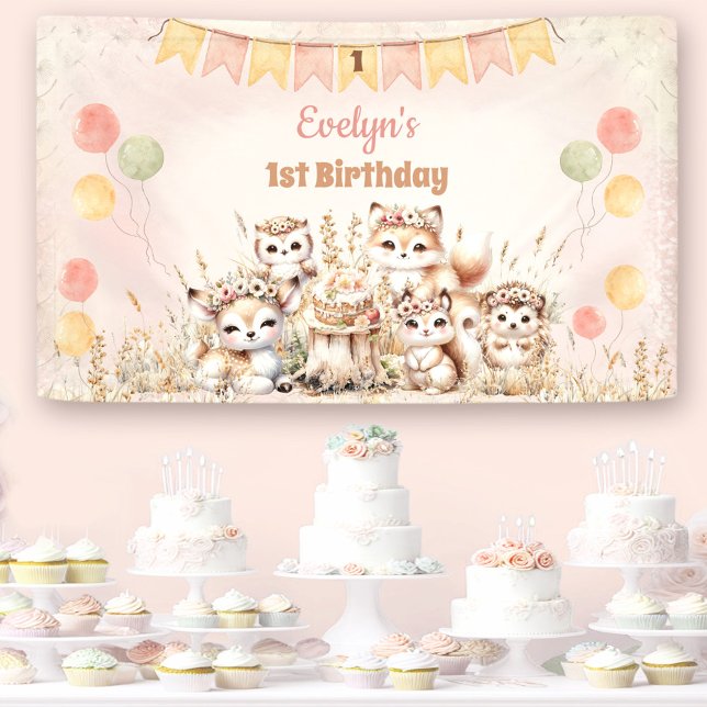 Woodland Animals Boho Pastel Girl 1st Birthday  Banner (Woodland Animals Boho Pastel Girl 1st Birthday Banner)
