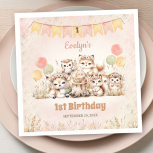 Woodland Animals Boho Pastel Girl 1st Birthday  Napkin