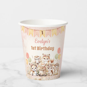 Woodland Animals Boho Pastel Girl 1st Birthday Paper Cups