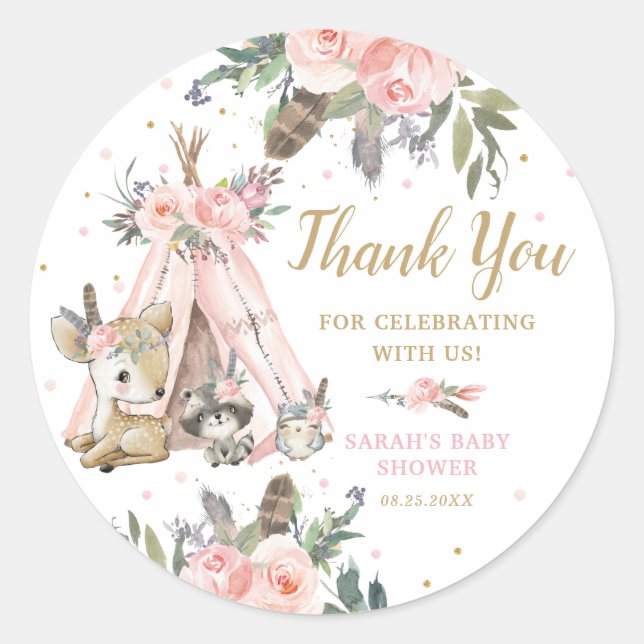 Woodland Animals Boho Tribal Baby Shower Birthday Classic Round Sticker (Front)