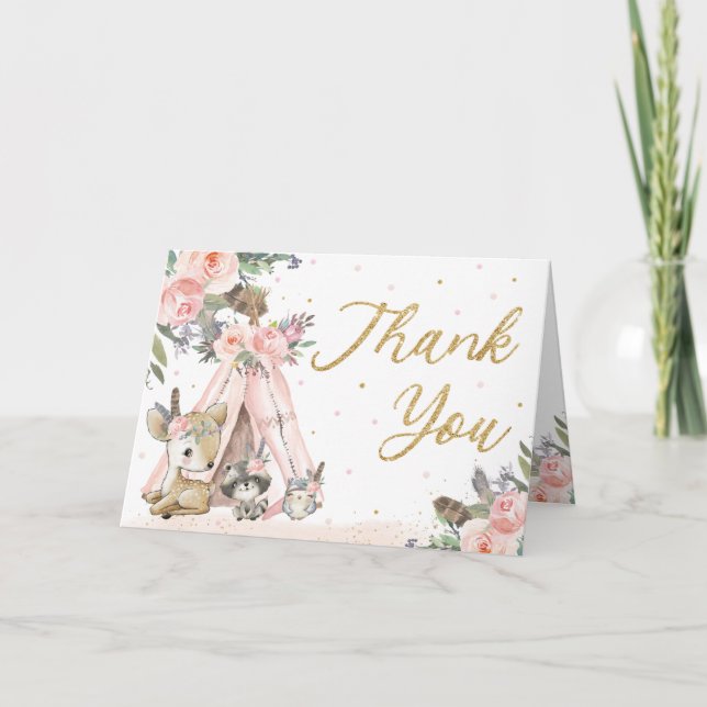 Woodland Animals Boho Tribal Baby Shower Birthday Thank You Card (Front)